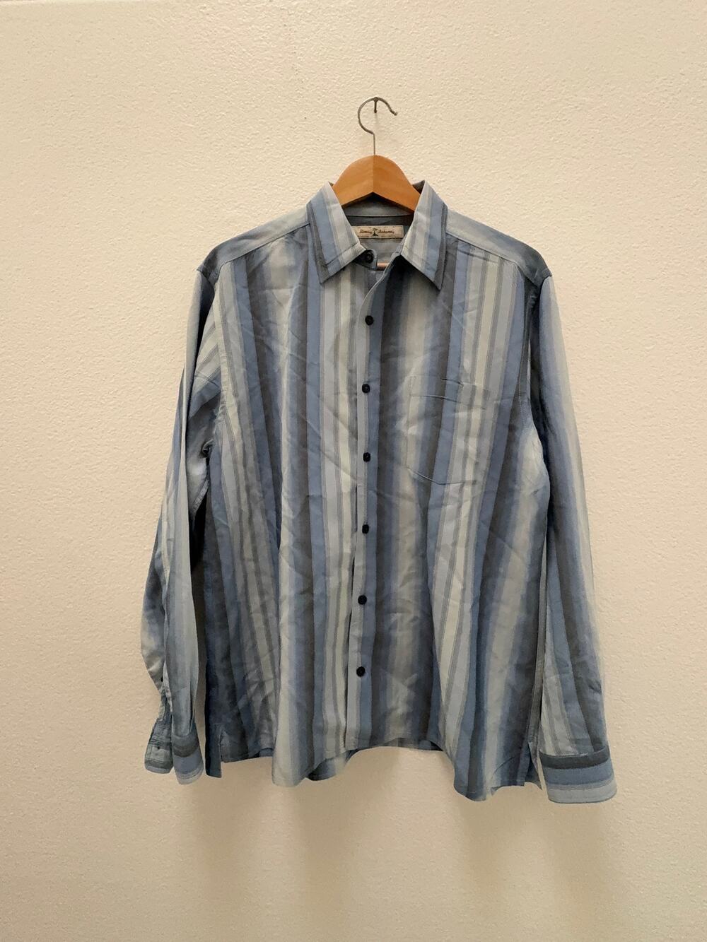 Tommy Bahama Mens Size M 100% Silk Long Sleeve Button Shirt Blue Striped